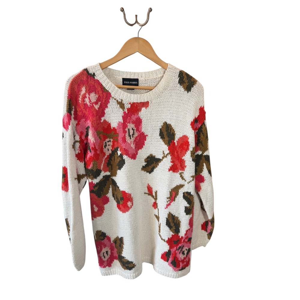 Paul Harris Floral Knit Sweater Womens Small Crewneck Cottagecore Bohemian Roses